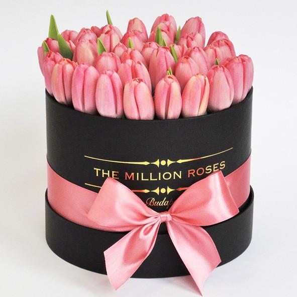 Small - Pink Tulips - Black Box - The Million Roses Slovakia