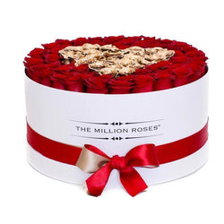 The Million Large Luxury Box - Red Eternity Roses & Golden Heart - White Box - The Million Roses Slovakia
