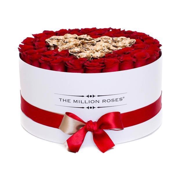 The Million Large Luxury Box - Red Eternity Roses & Golden Heart - White Box - The Million Roses Slovakia