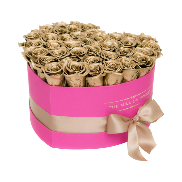 The Million Love Heart - Gold Eternity Roses - Hot Pink Box - The Million Roses Slovakia