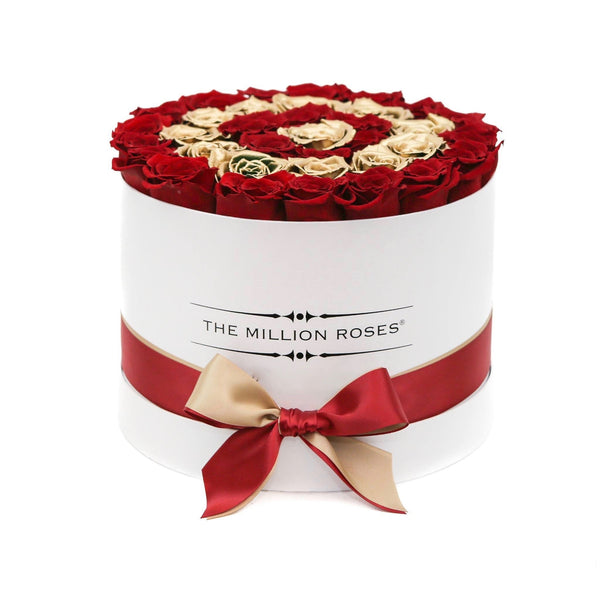 Medium - Red Eternity Roses & Gold Circles-White Box - The Million Roses Slovakia