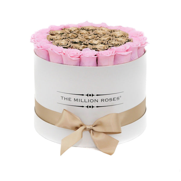 Medium - Candy Pink / Gold Eternity Roses - White Box - The Million Roses Slovakia