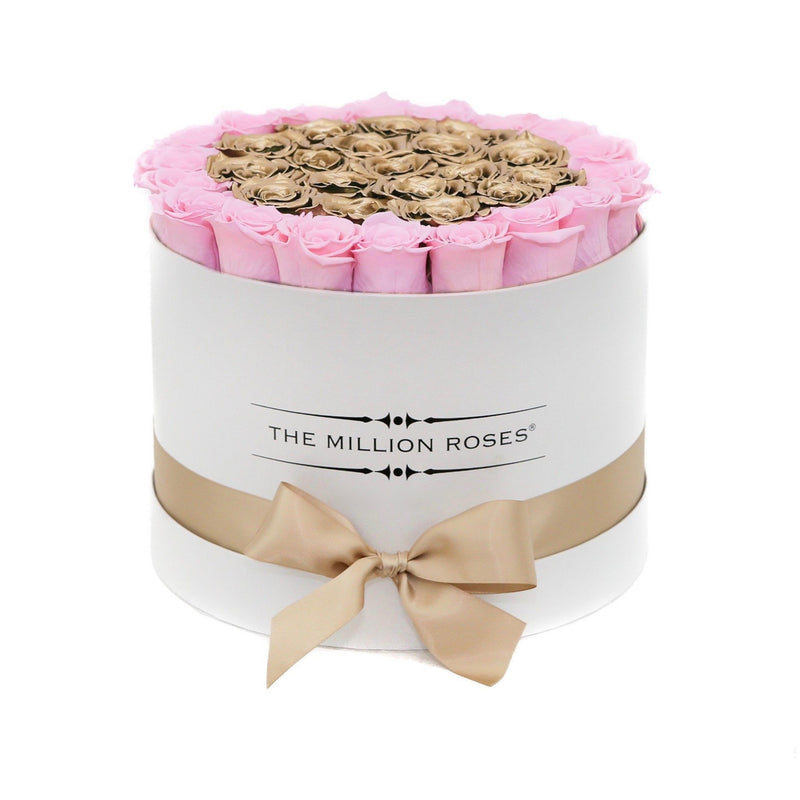Medium - Candy Pink / Gold Eternity Roses - White Box - The Million Roses Slovakia